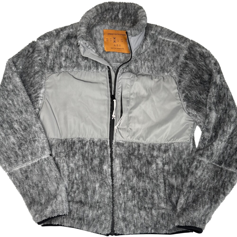Urban Outfitters Jacket Mens Medium Gray Fuzzy Fleece Full Zip Bomber Pockets